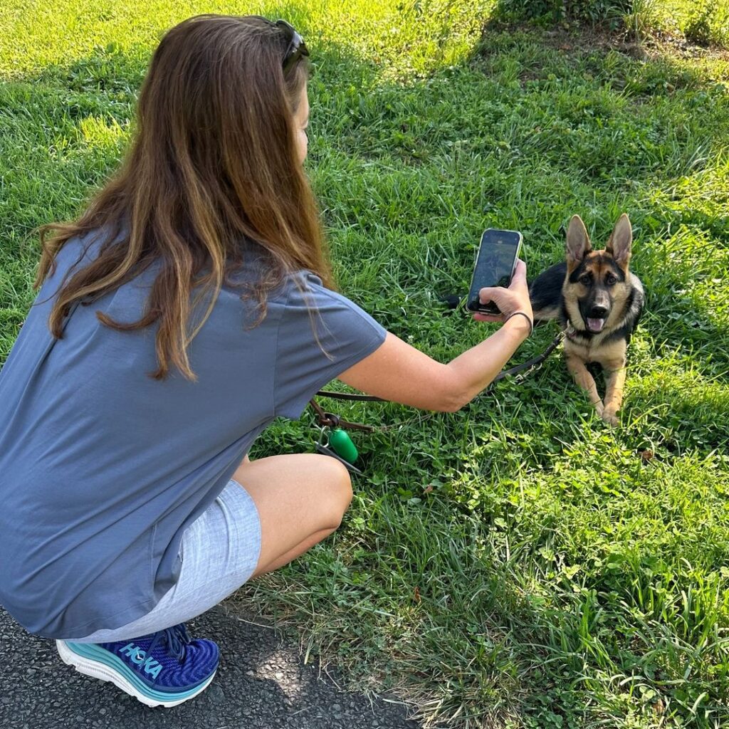 A woman kneels on grass, holding a phone toward a happy German Shepherd lying nearby. It appears she is taking a photo of the dog on a sunny day.