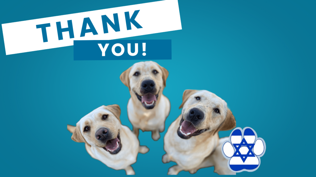 Three smiling yellow Labrador retrievers sit on a blue background. THANK YOU! is written above them. There is a blue and white paw print with a Star of David in the lower right corner.