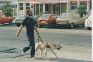 A man in dark clothing walks confidently on a street with a yellow guide dog. Several parked cars and buildings are visible in the background.