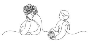 One-line drawing of two people; one appears distressed with a scribbled head, and the other holds a spiral, suggesting counseling or support.