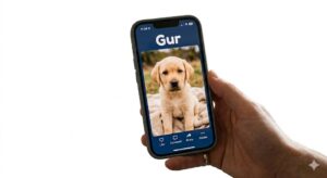 A hand holds a smartphone displaying a photo of a yellow labrador puppy on an app called Gur, with options for likes, comments, sharing, and details below the image.