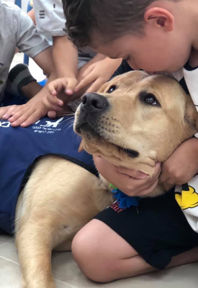 A golden retriever wearing a vest lies on the floor while several children gently pet and hug the dog. One child is resting their forehead against the dogs head.