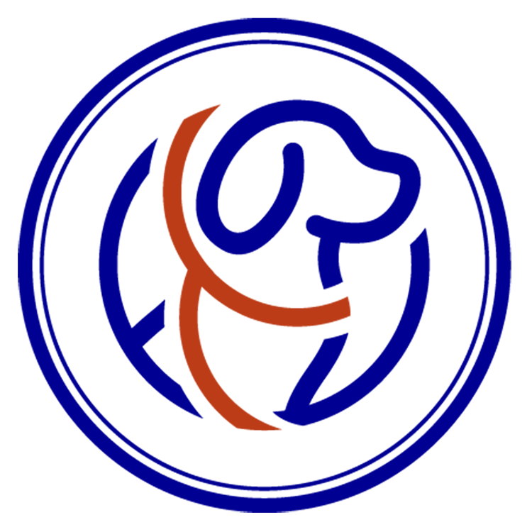 A blue circular logo with a simple outline of a dogs head and body, partially overlaid by an orange abstract human figure reaching upward.