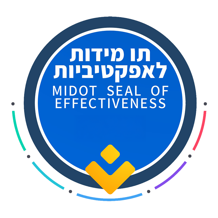 A blue circular badge with Hebrew text and MIDOT SEAL OF EFFECTIVENESS written in white, featuring a yellow checkmark at the bottom and colorful curved lines around the border.