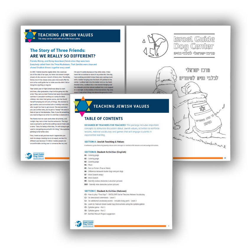 Three pages shown: one with an illustrated dog coloring page, one titled Teaching Jewish Values: Table of Contents, and another with the heading The Story of Three Friends: Are We Really So Different?.