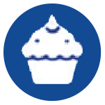 A white pixelated cupcake icon with a swirl of frosting, set on a solid blue circular background.