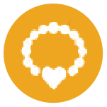A white beaded bracelet with a heart charm in the center is shown on an orange circular background.