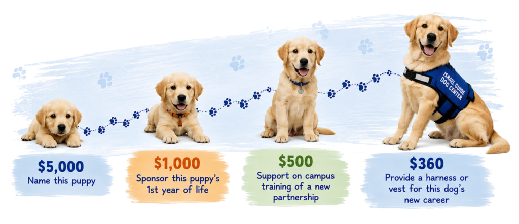 Four golden retriever puppies illustrate donation amounts: $5,000 to name a puppy, $1,000 to sponsor its first year, $500 for campus training, and $360 for a harness or vest.