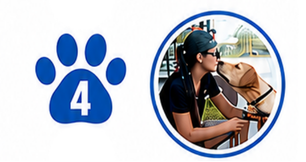 A blue paw print with the number 4 is next to a person wearing sunglasses and a cap, who is touching noses with a light-colored guide dog.